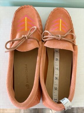 Manitobah Peach Suede Moccasins with Pink & Yellow Embroidery